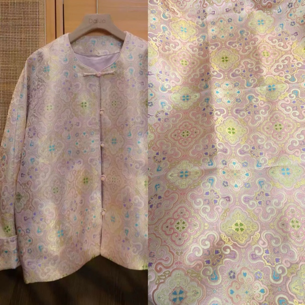 国风新中式粉色织金提花旗袍裙子外套马甲棉衣面料布料