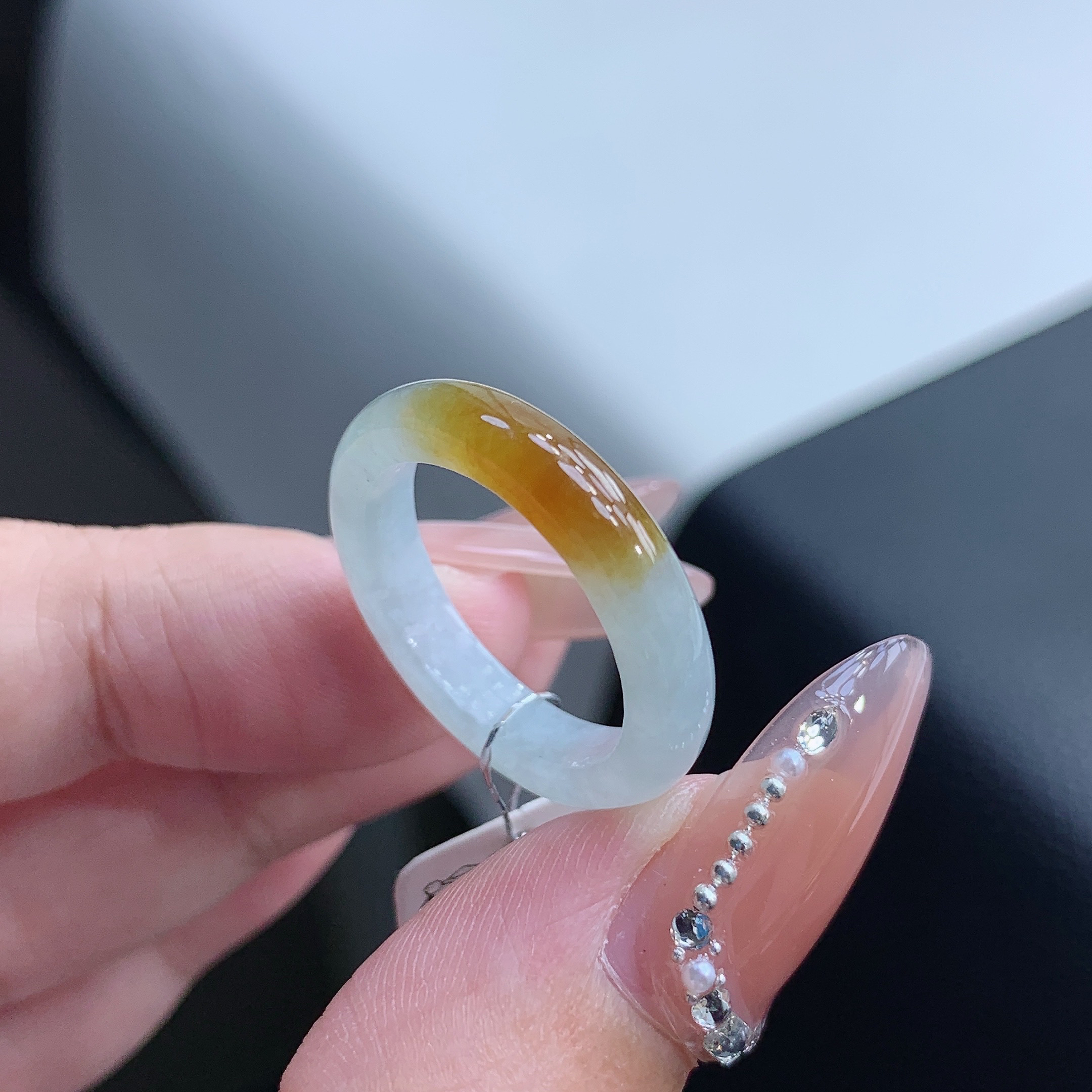 10-11圈口 冰飘黄翡戒指指环 缅甸天然A货 尺寸15.5-4.3-3.2mm