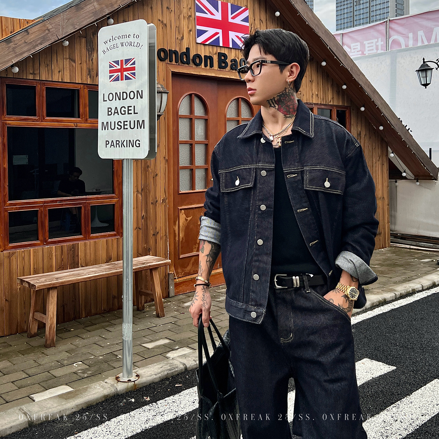 OXFREAK「明线设计 丹宁原牛」深蓝色牛仔外套男短款宽松翻领外套