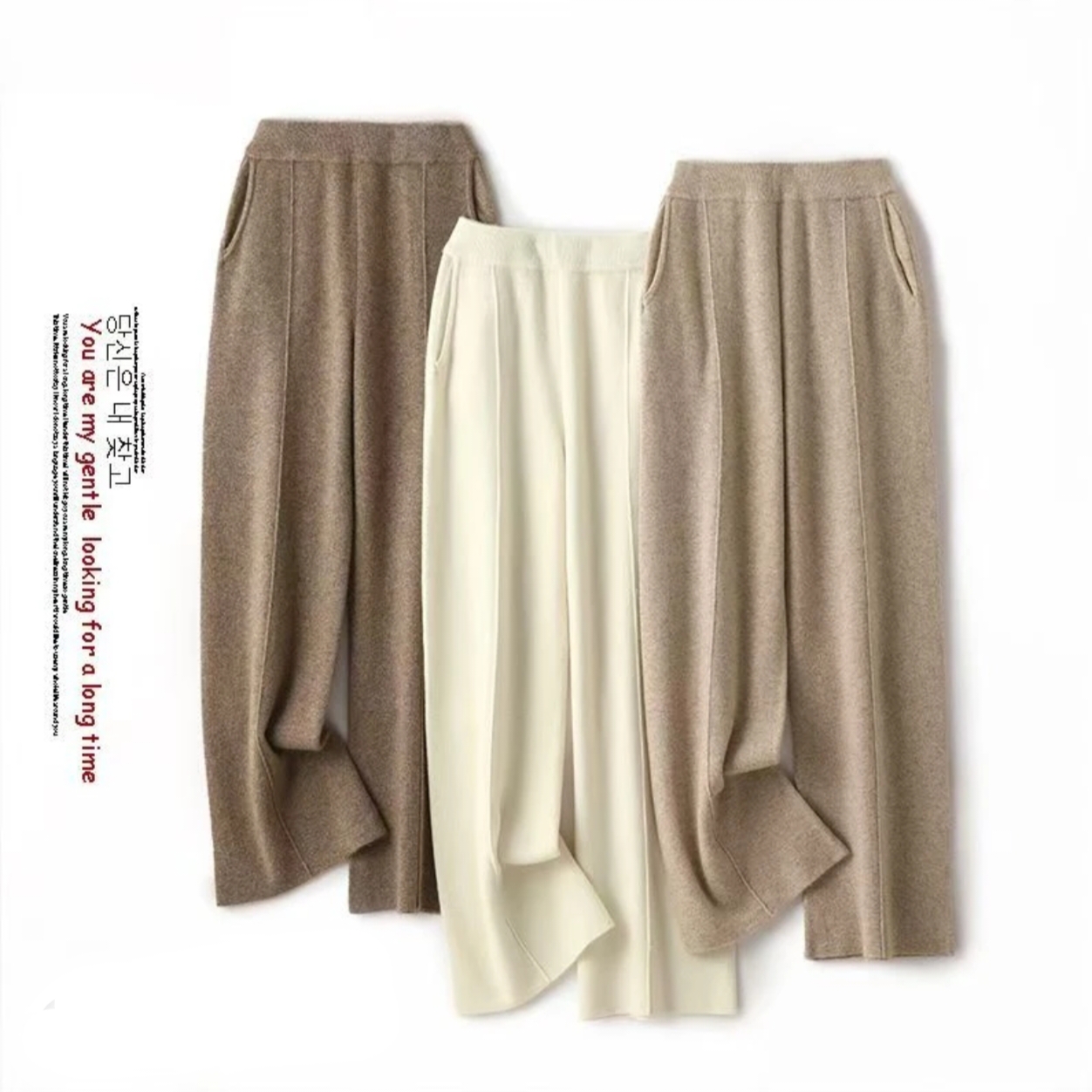 【中缝带兜加厚】纯羊绒高腰直筒裤秋冬女垂感宽松休闲裤外