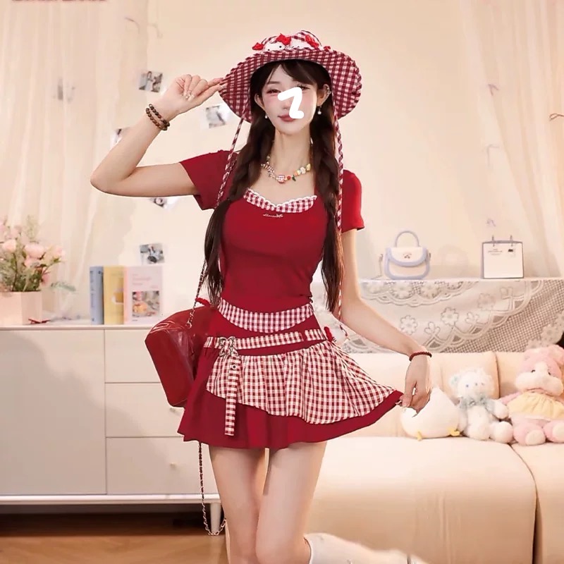 叛逆软糖 甜酷风红色假两件上衣套装女夏季格子显瘦短裙子