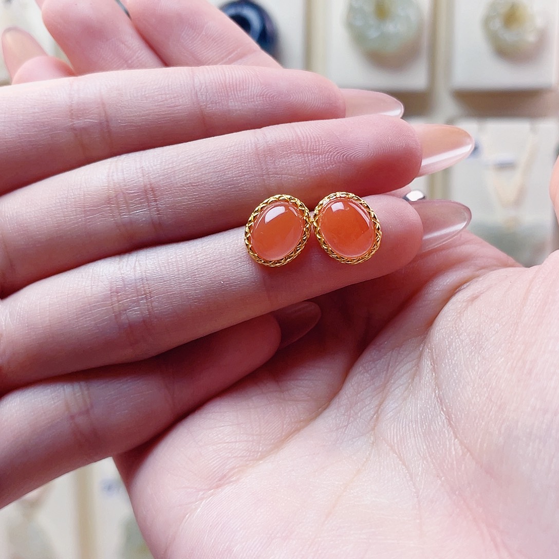 K***x南红玛瑙银S925镀金镶嵌耳饰