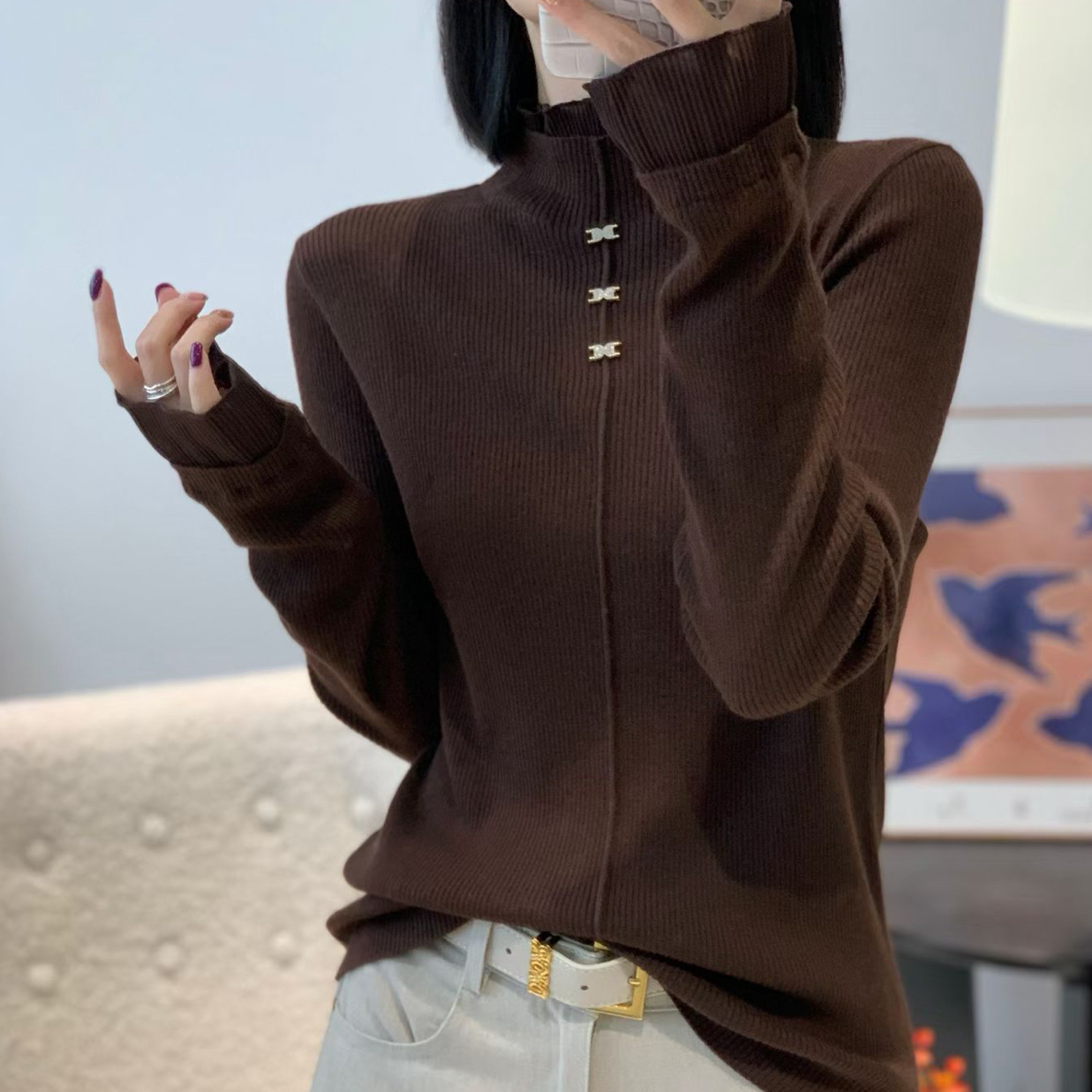 2025秋冬新款法式高级感半高领蕾丝拼接长袖针织衫女百搭内搭