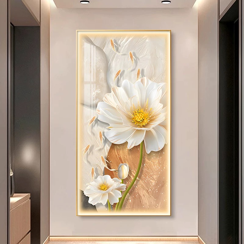 奶油风九鱼图玄关装饰画入户正对面花开富贵走廊过道挂画花卉抽象