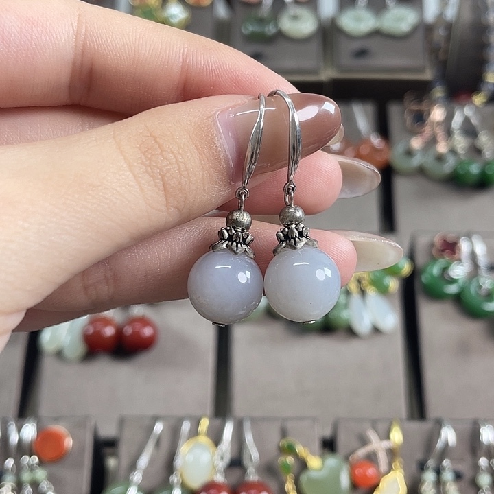 银S925镶嵌和田玉耳饰12左右烟紫