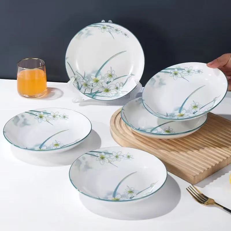 8英寸盘水仙花釉下彩瓷盘国瓷餐具网红款圆形