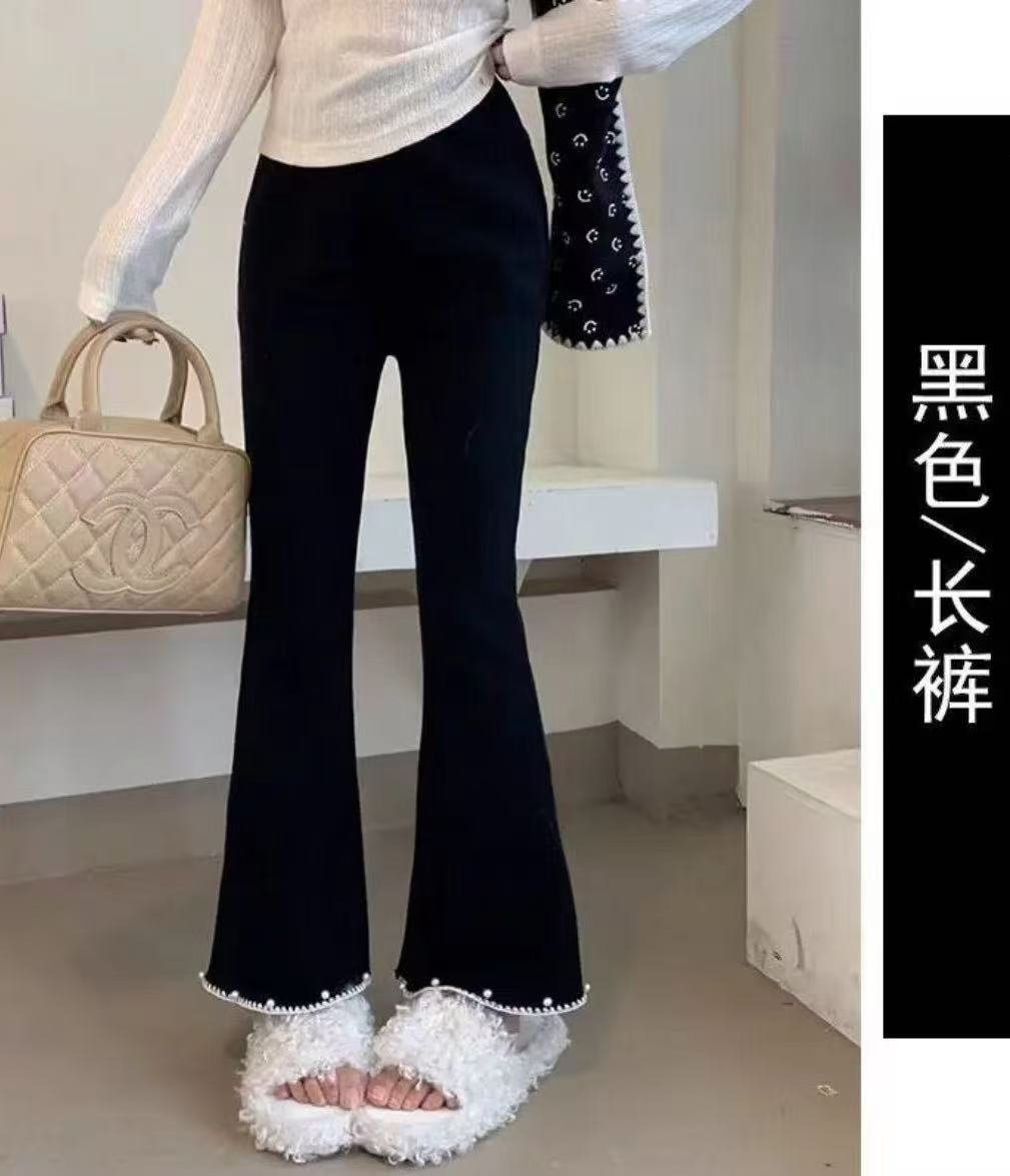 加绒加厚大码新款阔腿裤子胖mm花边装饰微喇裤休闲喇叭裤休闲裤