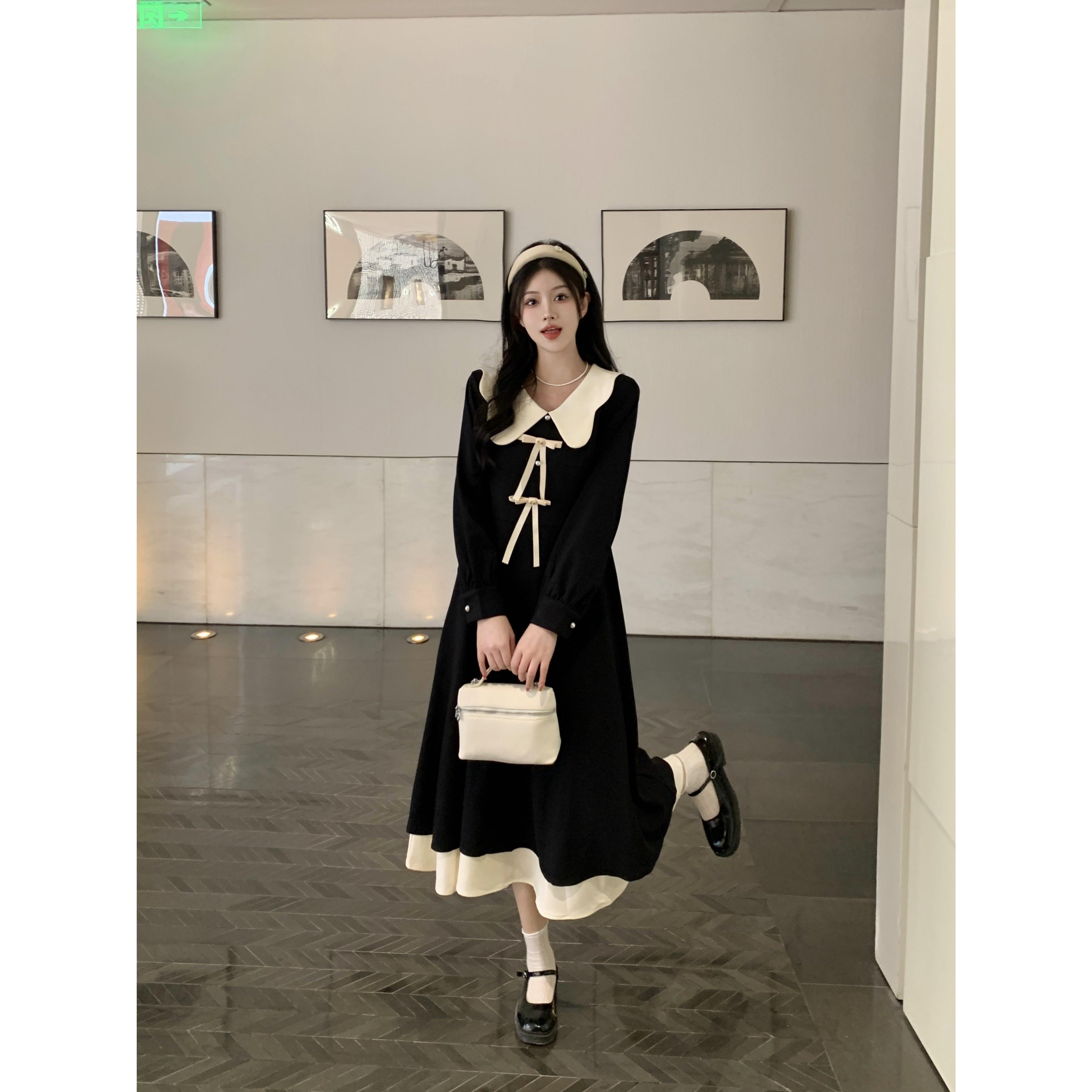 实拍~大码女装2025春季新款时尚减龄花瓣领撞色气质显瘦连衣裙