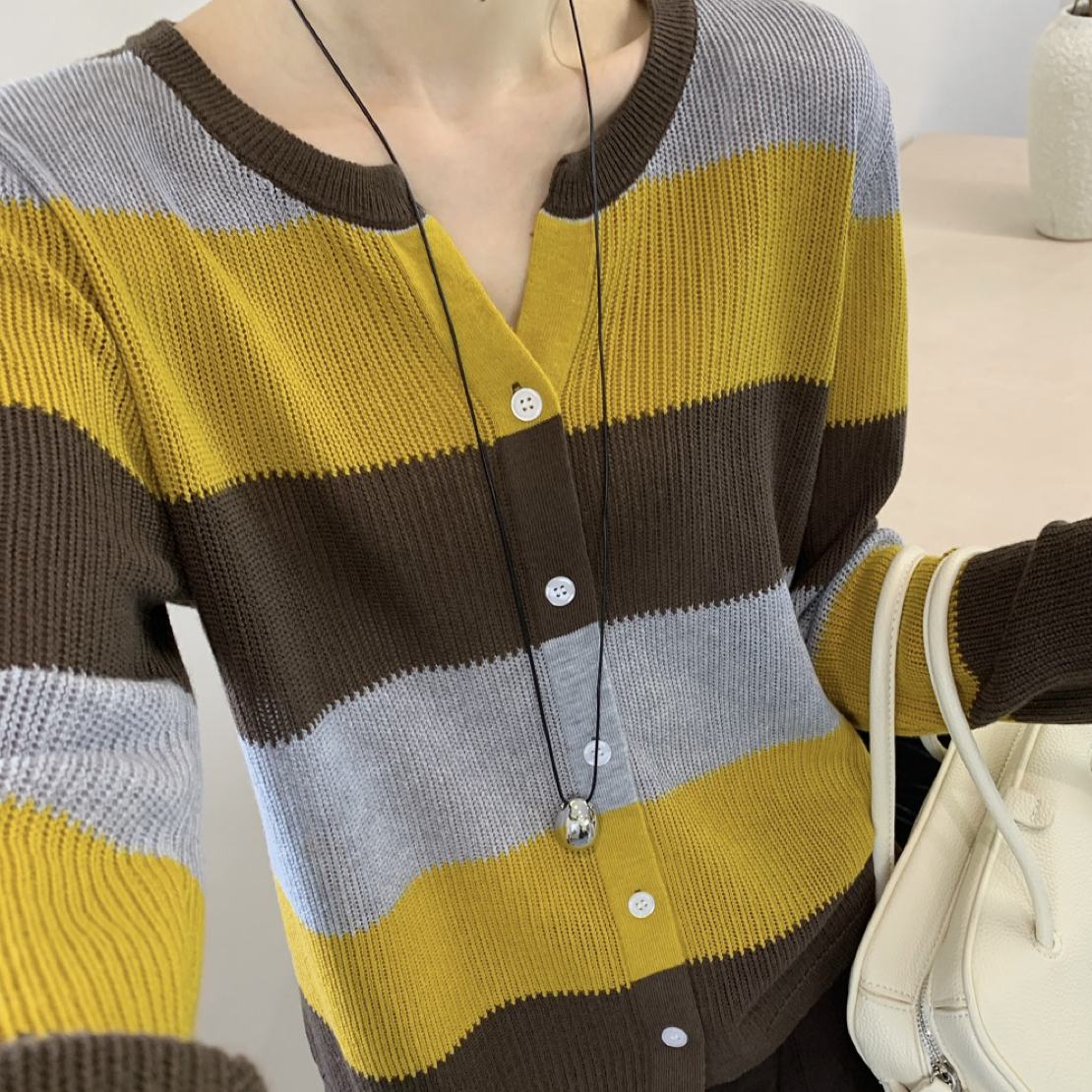 长袖条纹宽松型薄款秋季毛针织衫显瘦女装圆领开衫