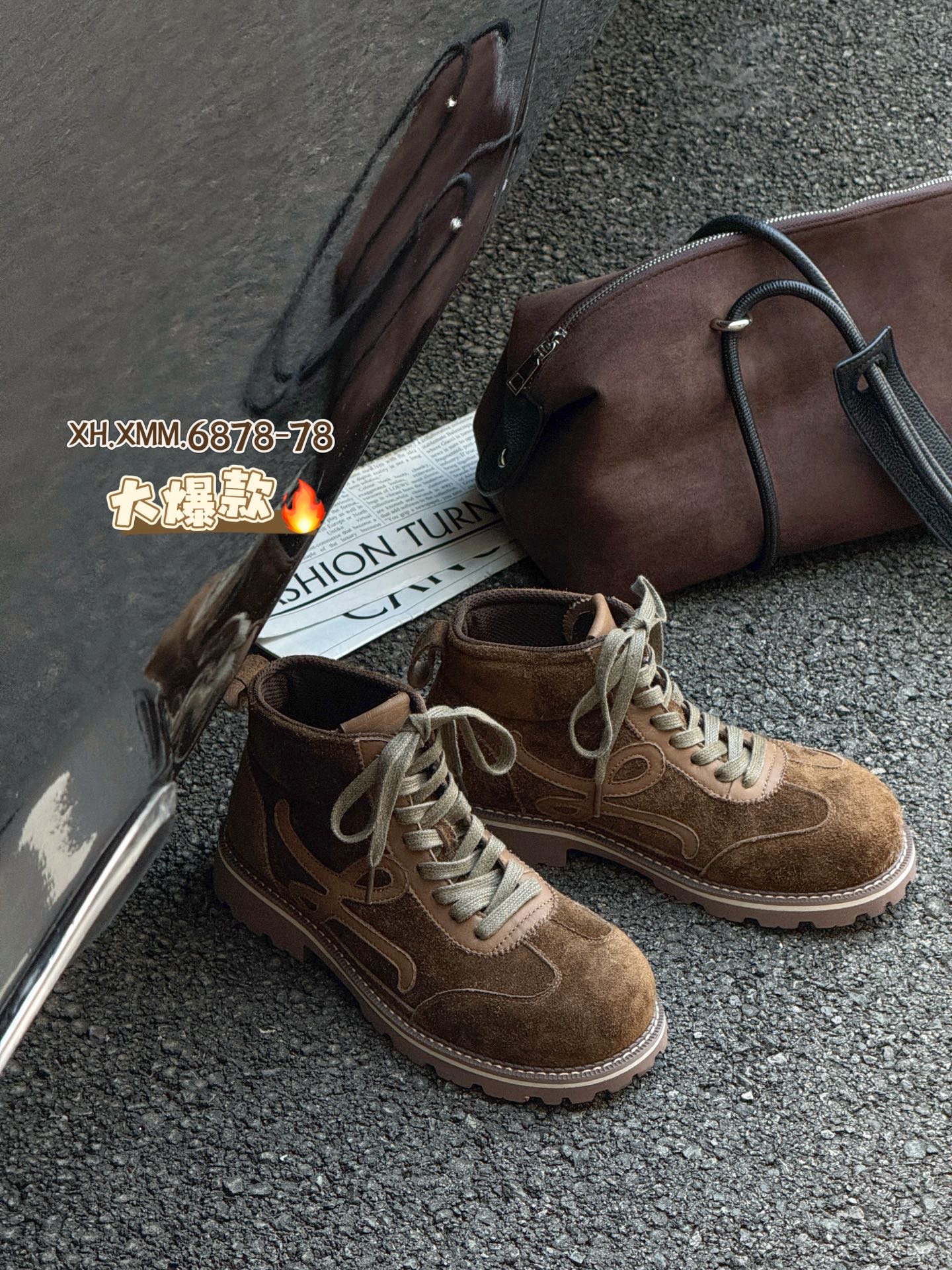 6878-78秋季女鞋厚底磨砂休闲马丁靴冬季中跟系带短靴绒面高帮靴