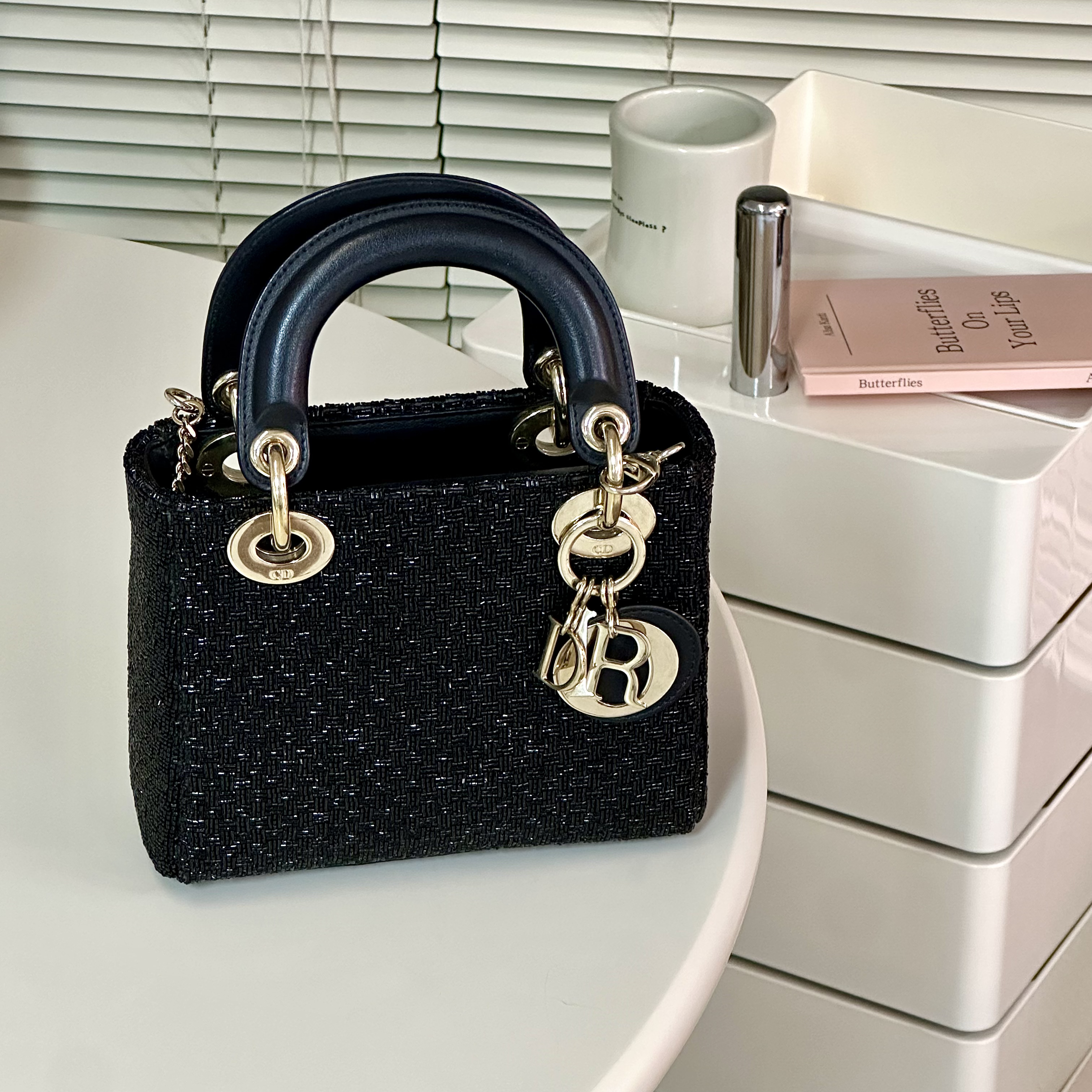 95新 DIOR/迪奥 串珠黑色藤格纹三格小号戴妃