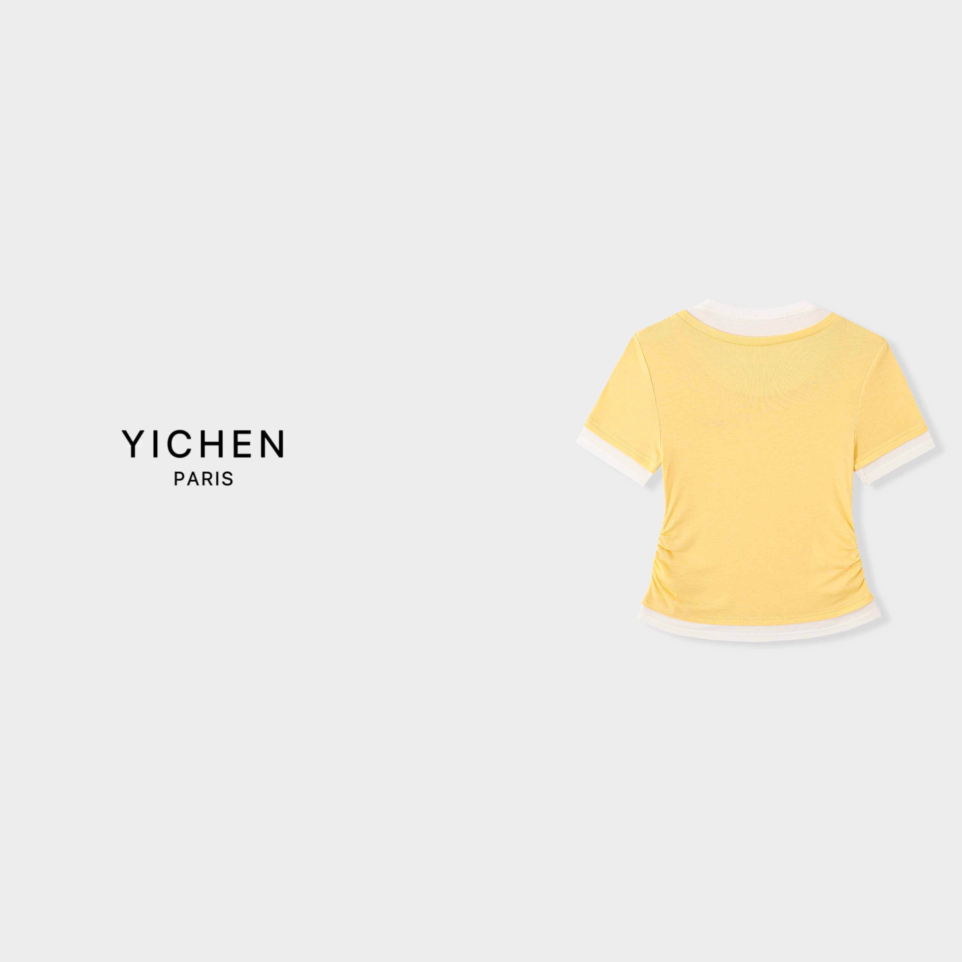 YC 芒果黄重工钉钻字母徽标拼接假两件收腰T恤-3378