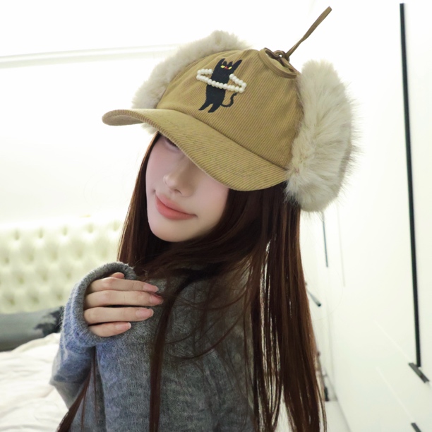 韩国时尚刺绣猫咪加绒护耳棒球帽子女秋冬保暖两戴滑雪飞行帽女