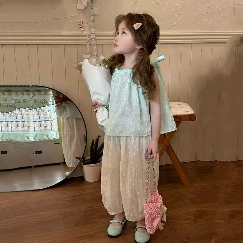 休闲风韩版系带纯色套头薄款套装无袖夏装阔腿休闲