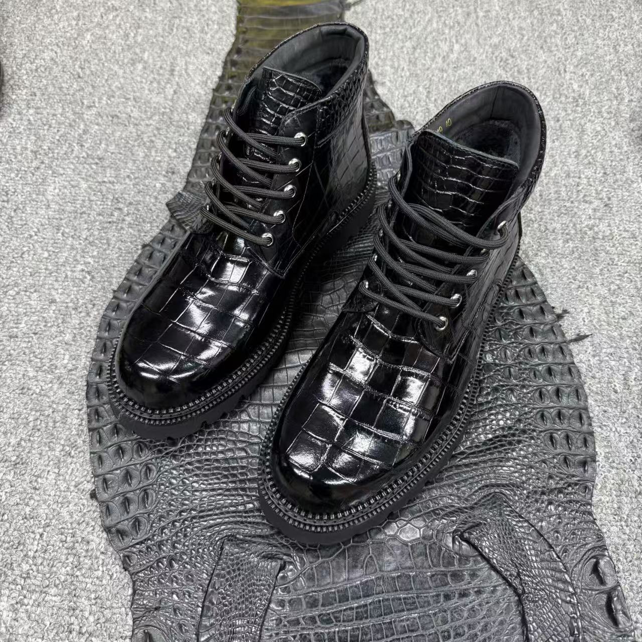 真鳄鱼皮大头圆头靴防滑耐磨鞋底（皮毛一体）男士高帮皮靴