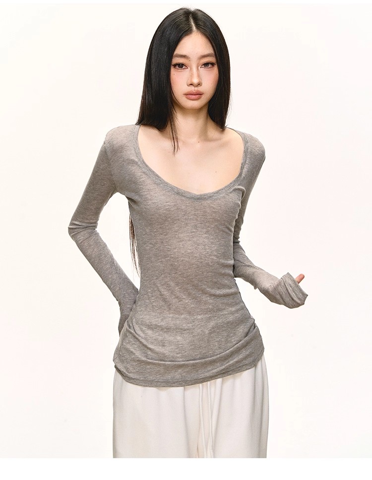 anna aneae天丝羊毛长袖t恤女秋冬季慵懒灰色V领修身显瘦长袖t恤