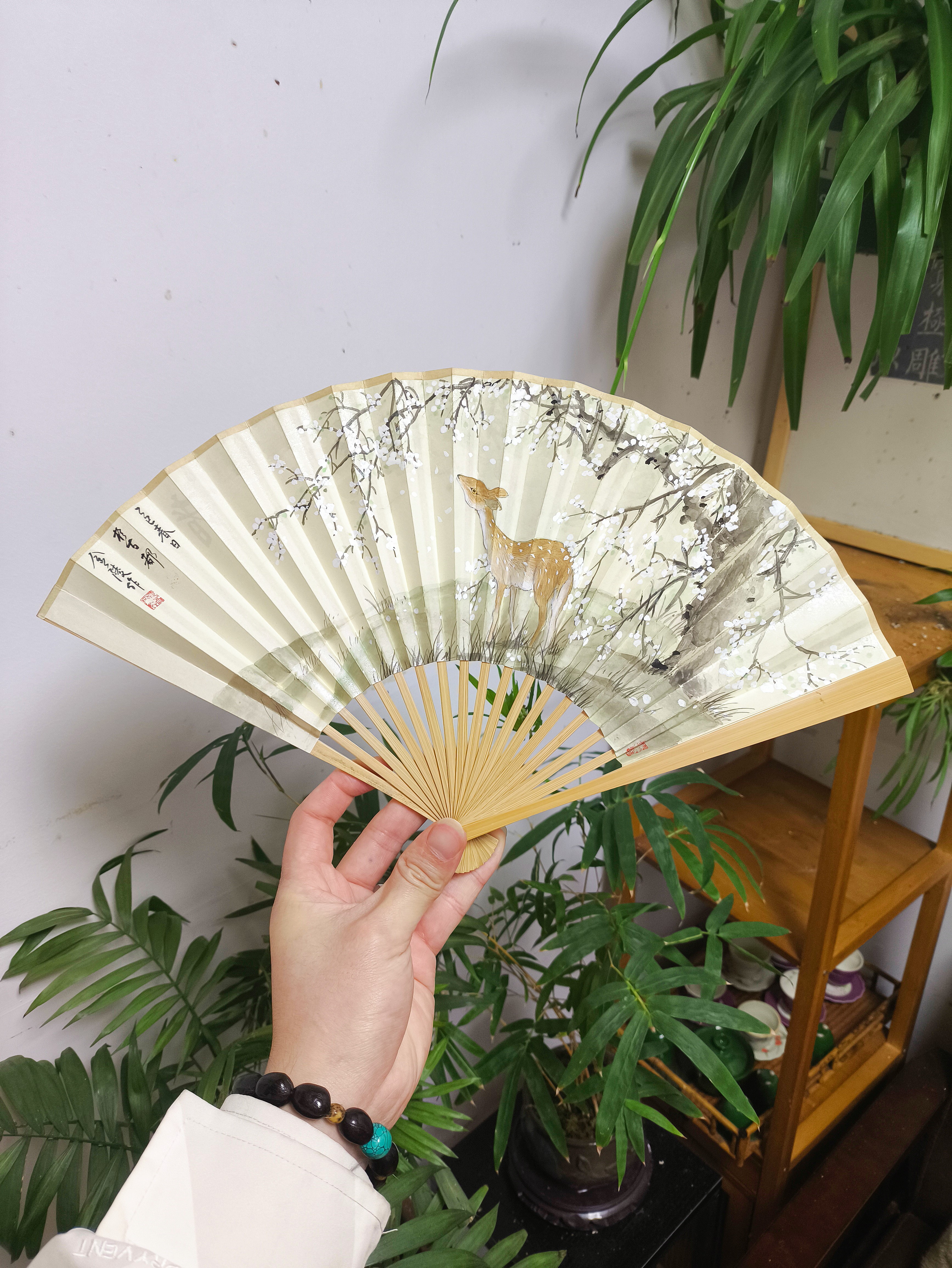 青崖集｜玉竹梅花鹿精绘折扇 七寸