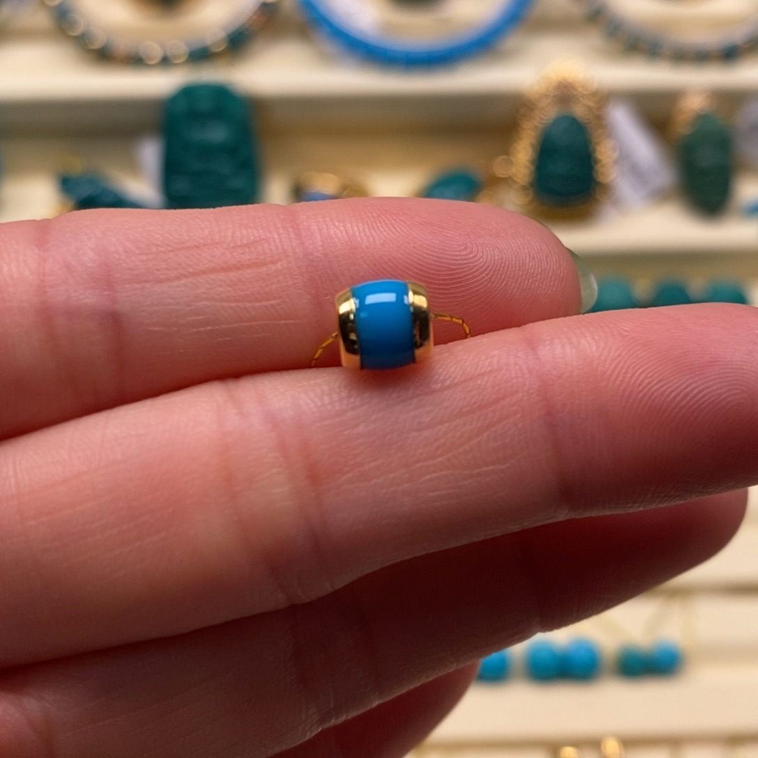 绿松石珠宝奇石18K金镶嵌直径6.2×6.4汉堡珠