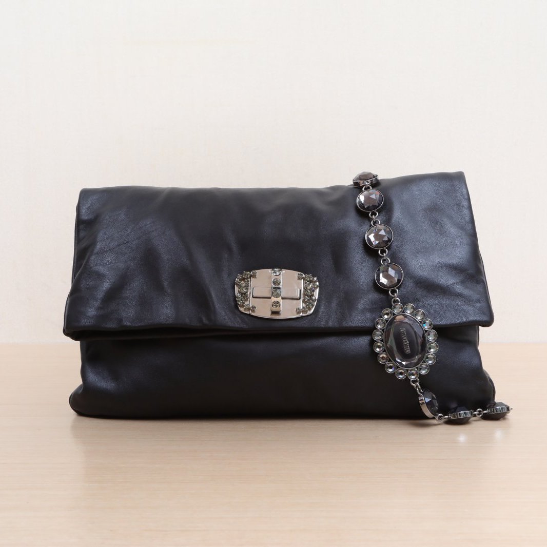 95新 MIU MIU/缪缪 小花攀攀 缪缪黑色 皮革S 全皮水钻单肩包 
