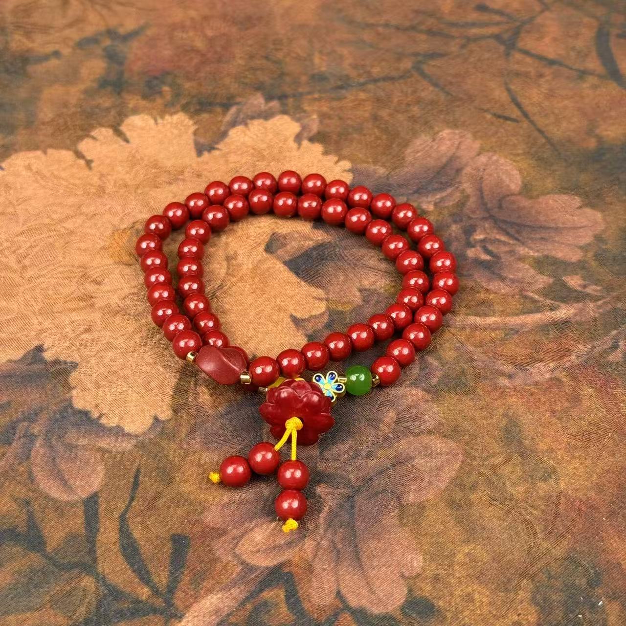 天然辰砂朱砂双圈6mm+莲花坠（无礼盒）K322