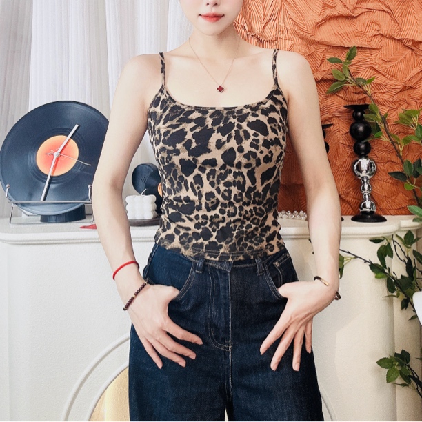 豹纹性感小吊带背心女夏季修身露脐美式辣妹短款上衣打底显瘦牛仔