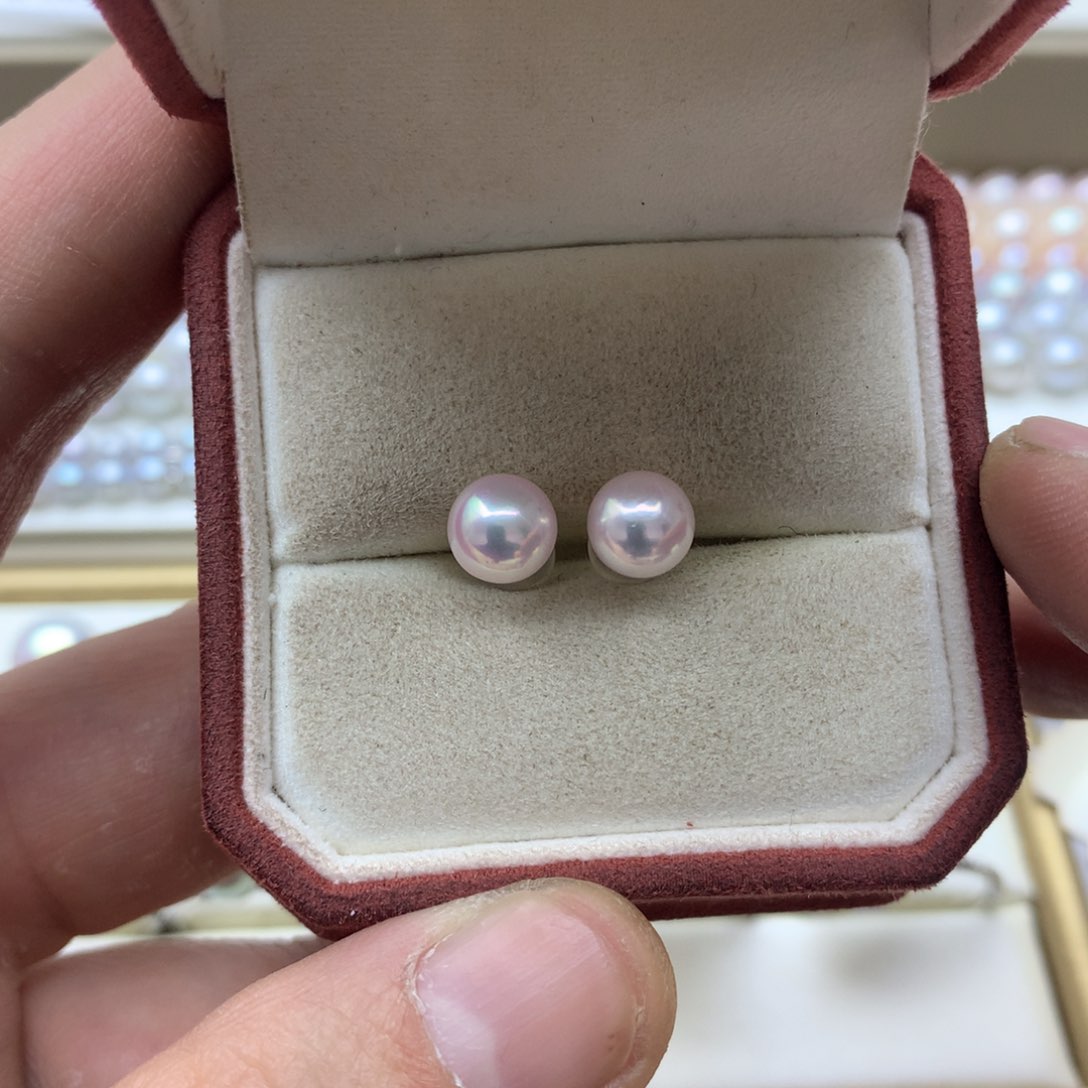 海水珍珠耳饰18K金镶嵌6.5-7akoya素钉