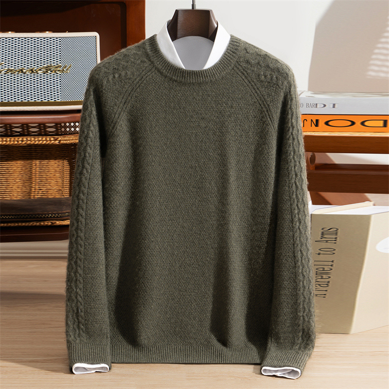 男士100%纯山羊绒衫秋冬休闲时尚厚款圆领套头羊绒针织毛衣保暖