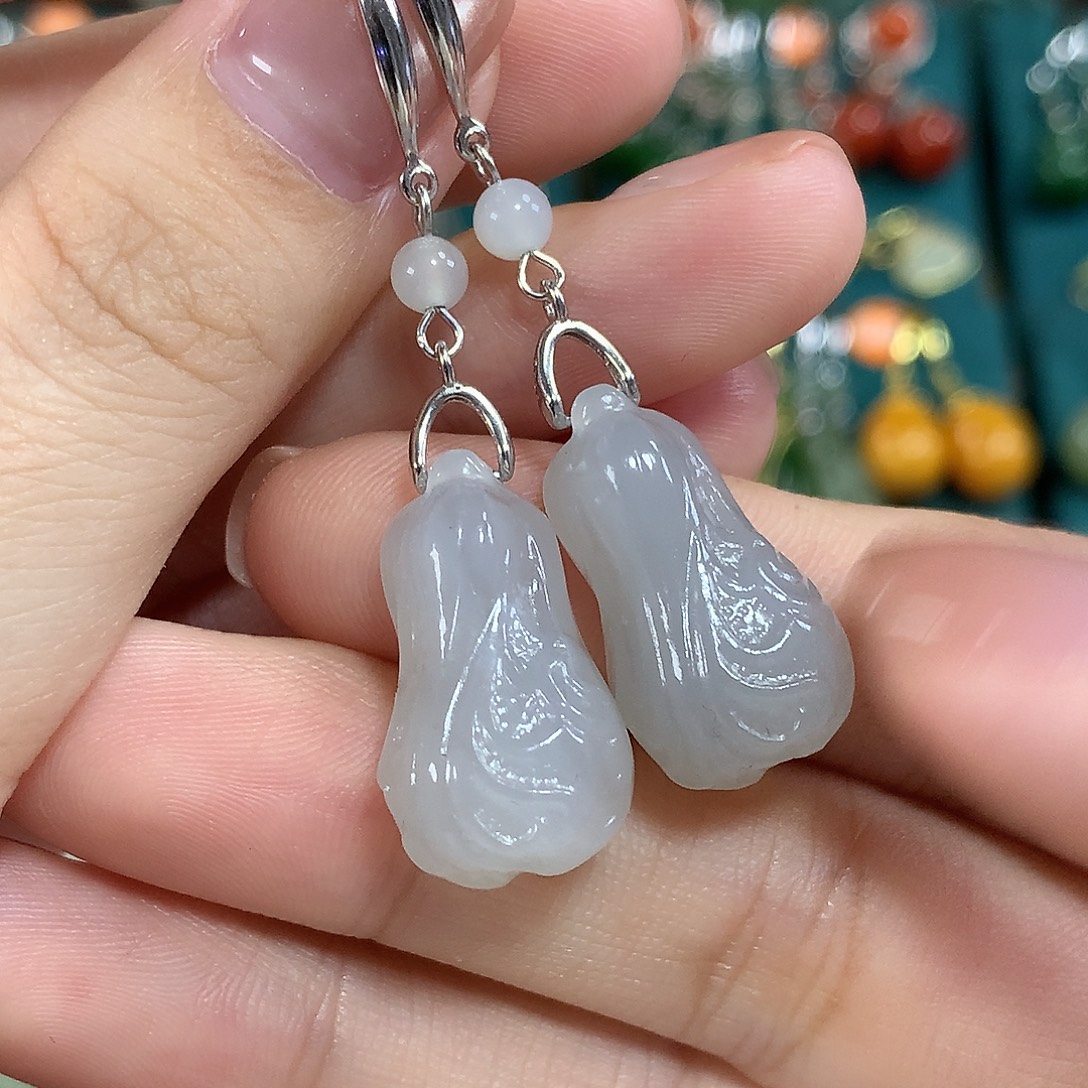 和田玉银S925镶嵌耳饰烟紫卡21.5左右