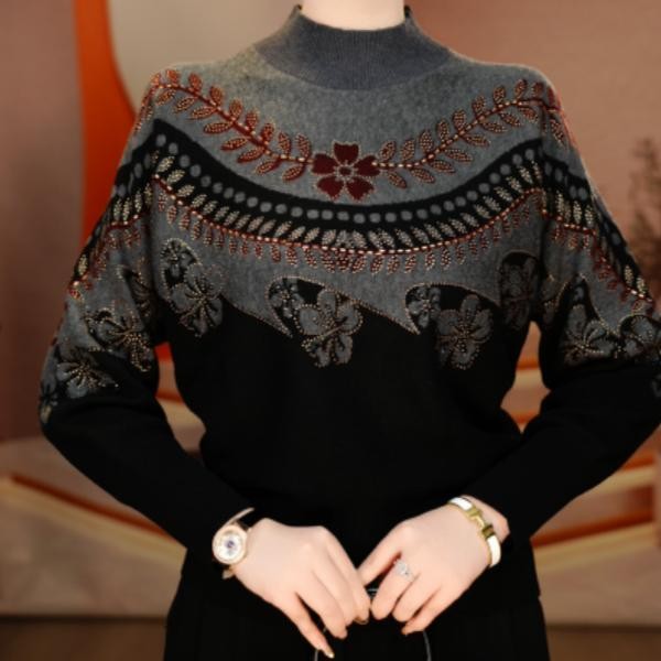 2025秋冬新款蝙蝠袖设计感烫钻针织衫女时尚洋气宽松休闲妈妈毛衣
