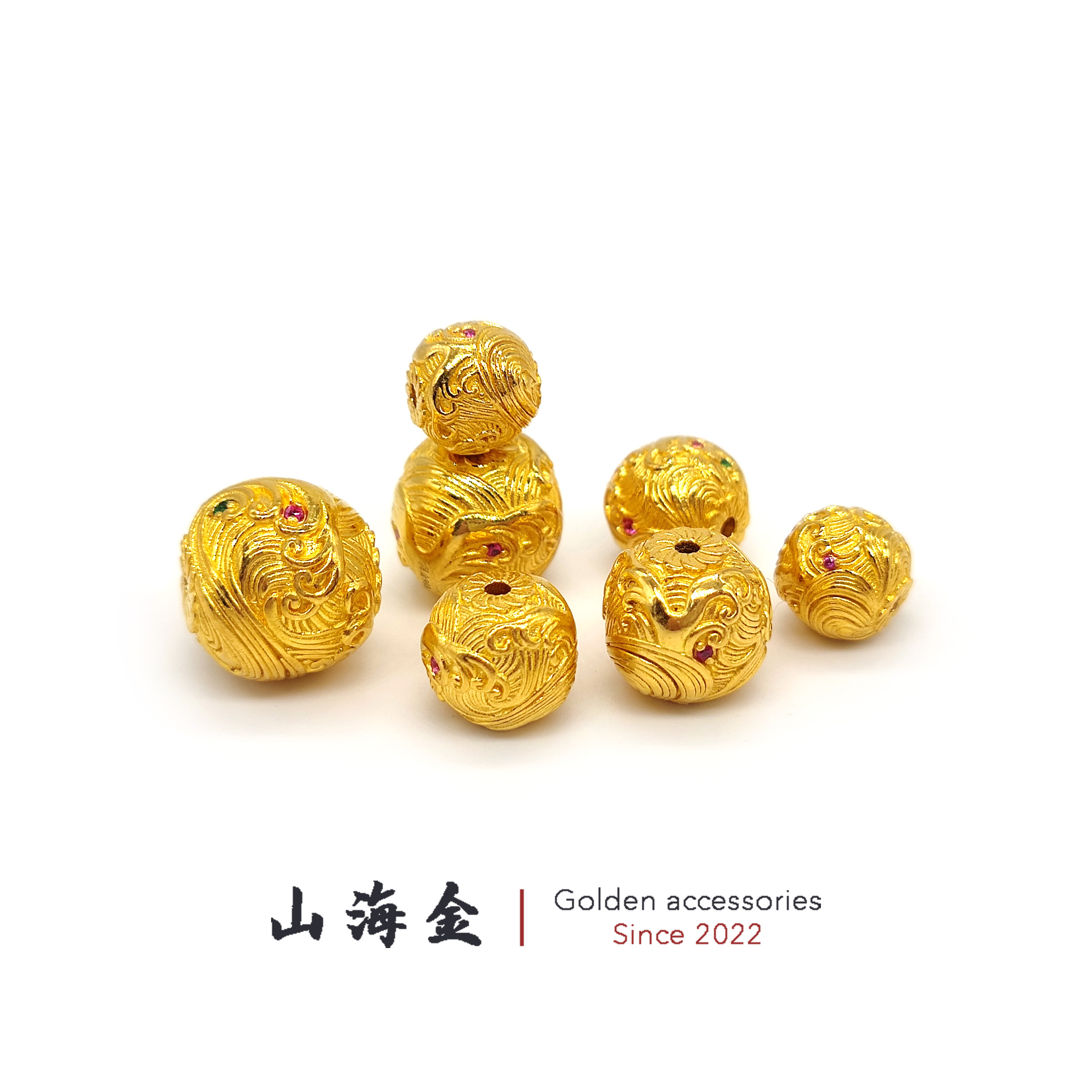 山海金 24K纯黄金999足金浪花珠太浪隔珠顶珠文玩手串菩提籽配饰
