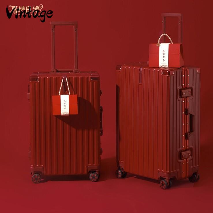 Vintage结婚行李箱陪嫁箱红色皮箱子新娘拉杆箱女压婚礼用密码嫁