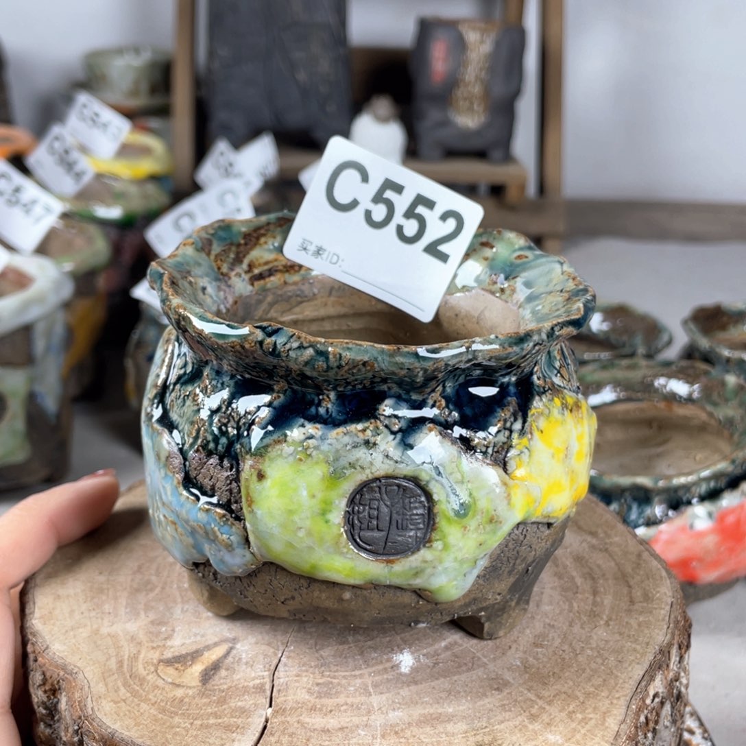 紫砂花盆孤品 不规则油画山石钱袋外口9