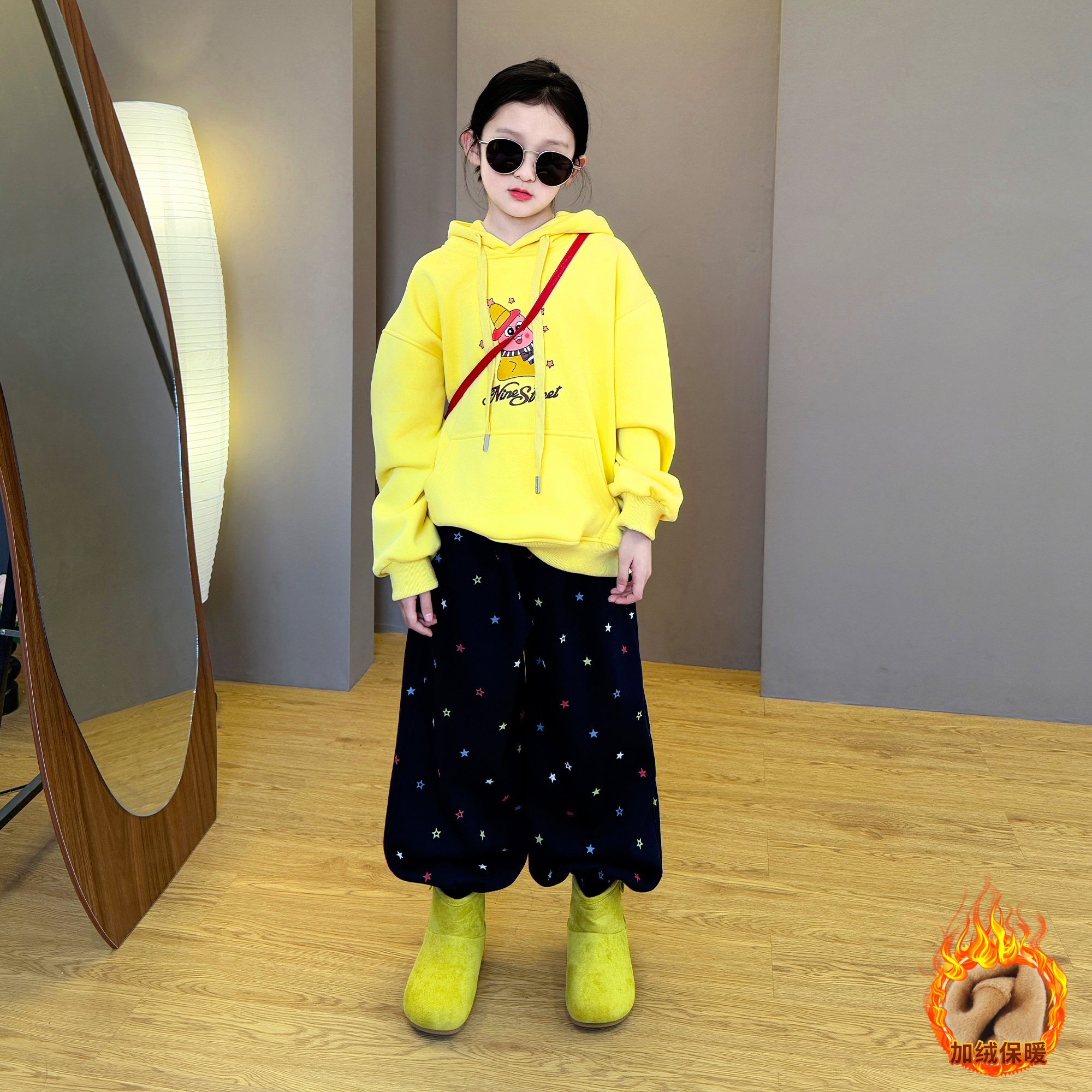 女童2025新品加绒时尚韩版洋气连帽卫衣百搭休闲星星阔腿裤套装潮