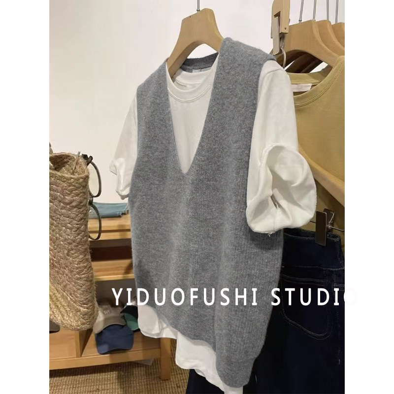【衣朵设计】韩系灰色v领针织马甲女秋冬软糯毛衣背心无袖坎肩叠穿