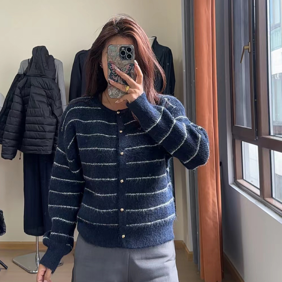开衫条纹毛衣外套女款