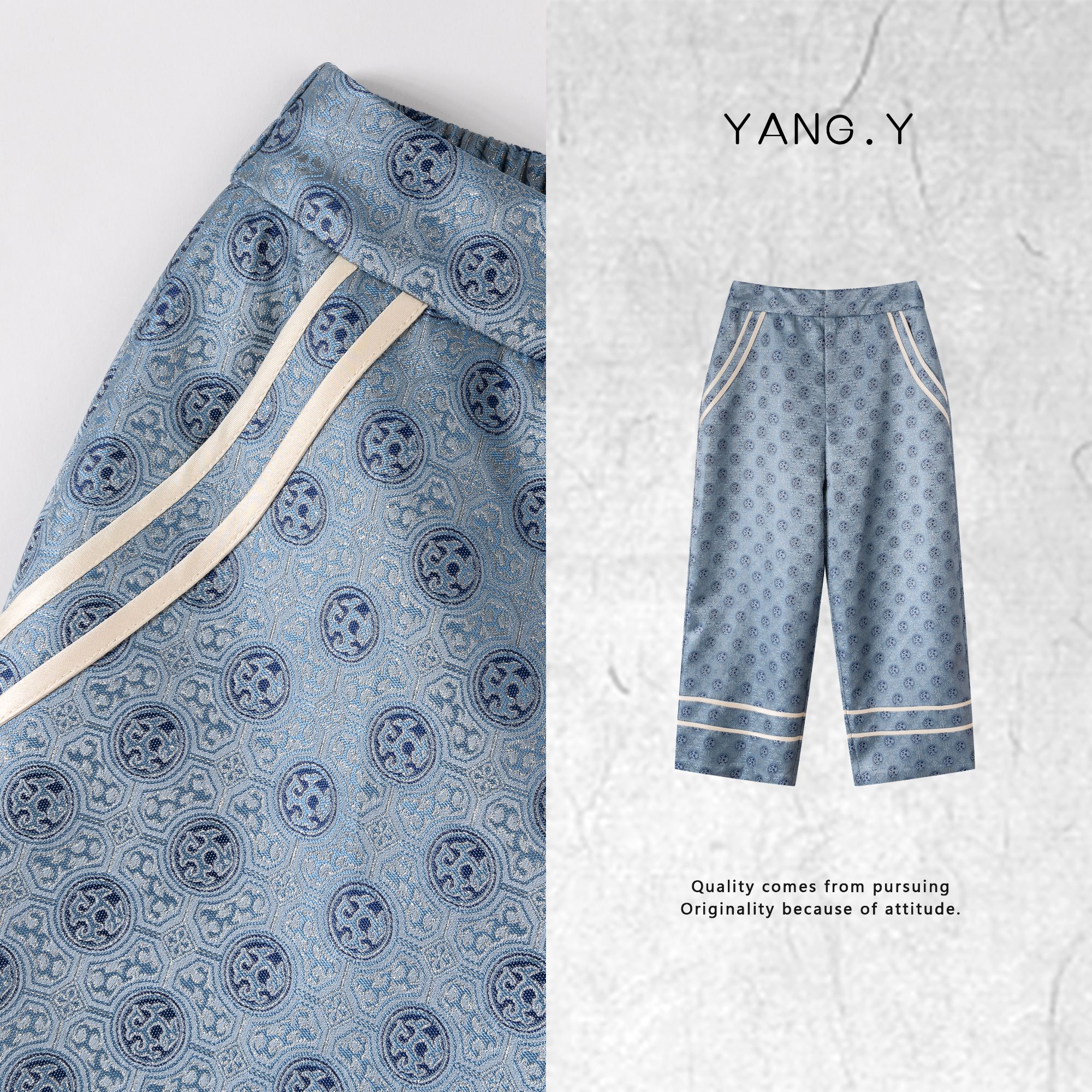 YANG.Y- 深圳原创新中式女装国风25ss夏桑蚕丝宋锦亚麻长裤50327