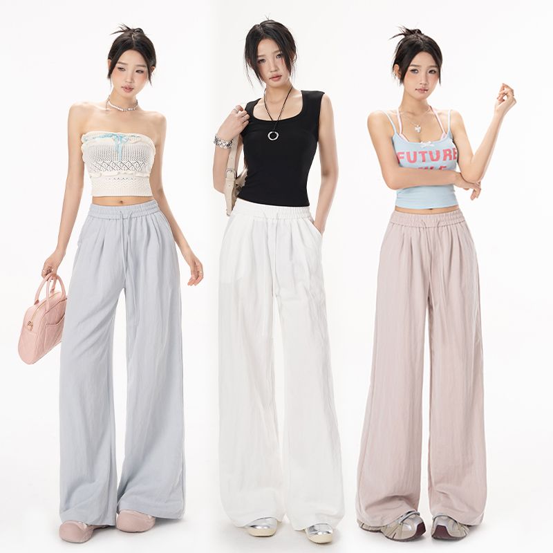 秋季冰丝阔腿裤子女秋季薄高腰垂感日系慵懒山本裤棉质感休闲裤
