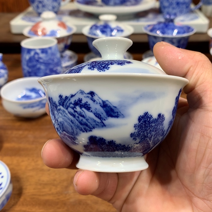 观**月微瑕柴窑青花盖碗