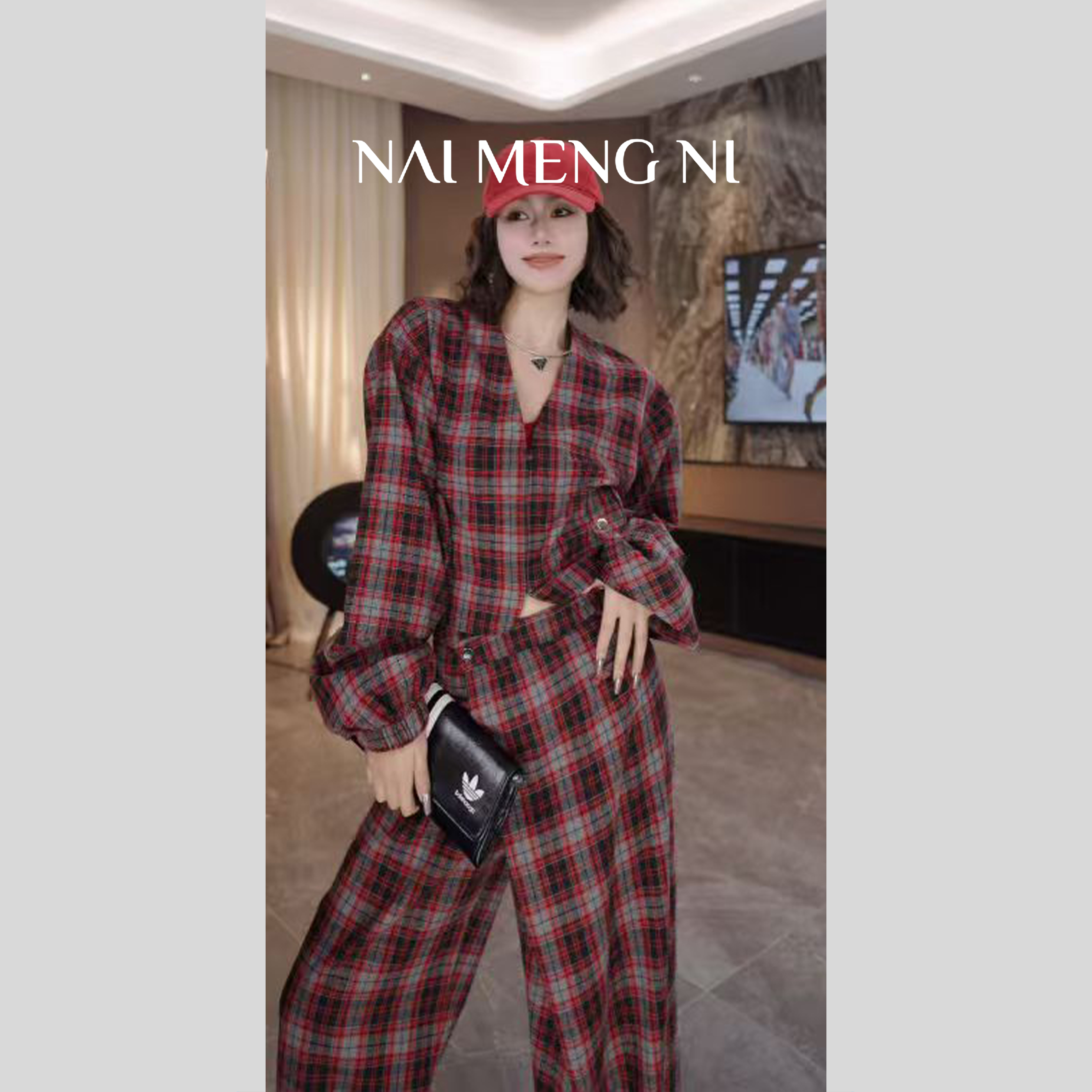 【毛毛】NMN王火火&设计师新款通勤百搭复古格子休闲套装 26N69833