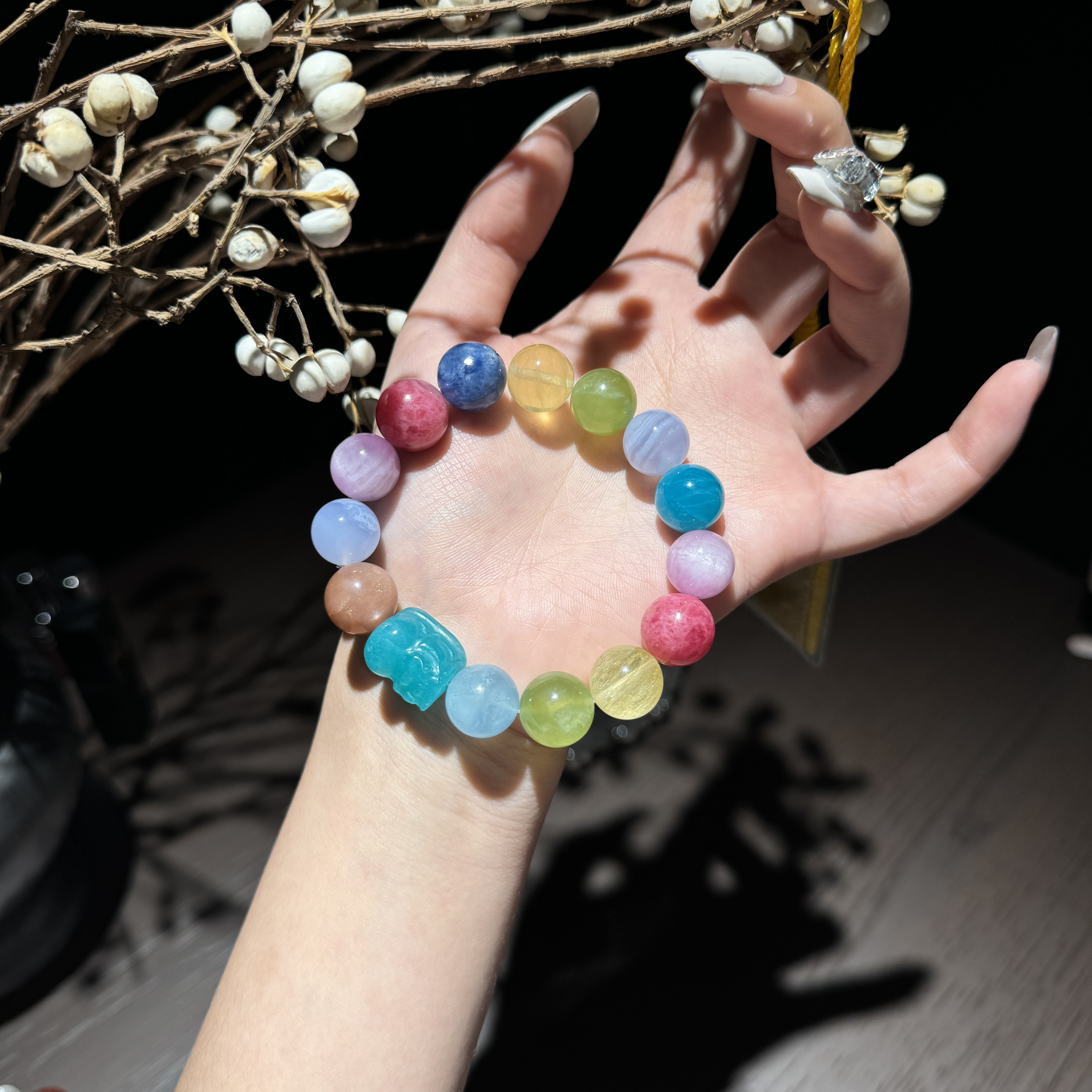 *彩漾星河*黄金萤石蔷薇辉岫玉玛瑙手串F