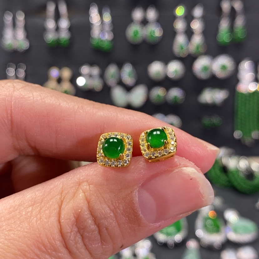 【闪购商品】翡翠耳饰银S925镀金镶嵌