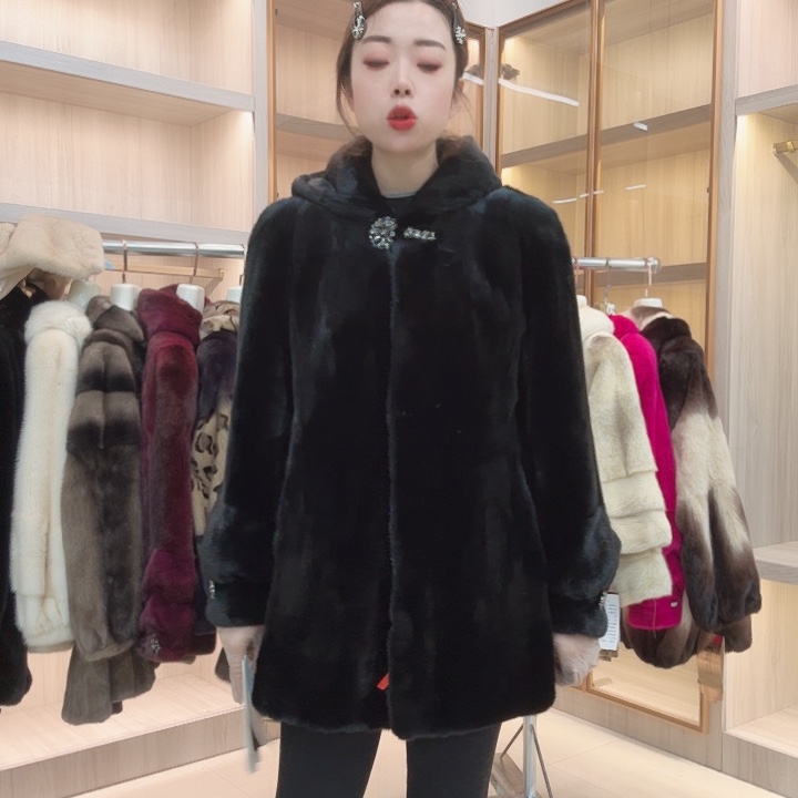 黑色连帽貂皮yh0315