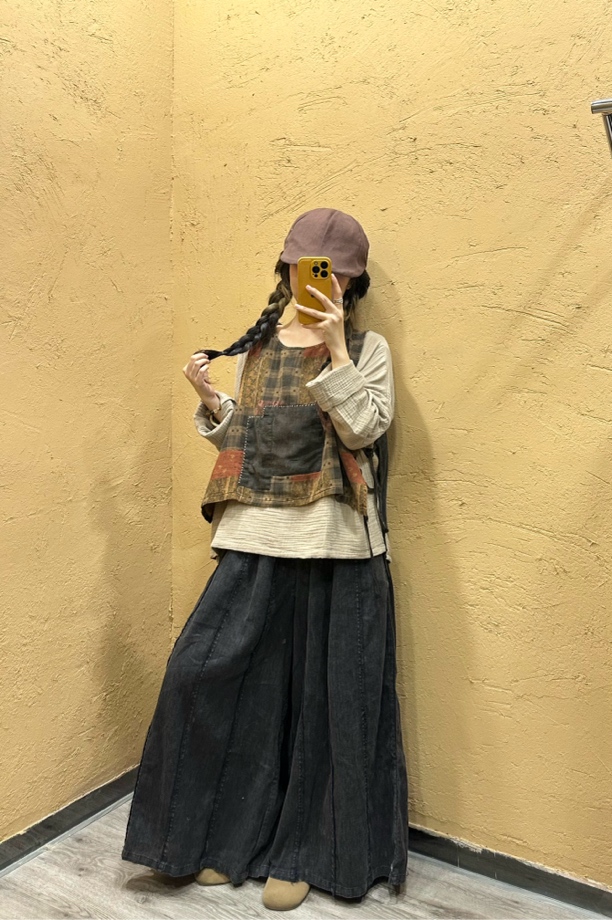 短款常规厚款做旧背带宽松型马夹百褶显瘦宽松拼接百搭老钱风女装
