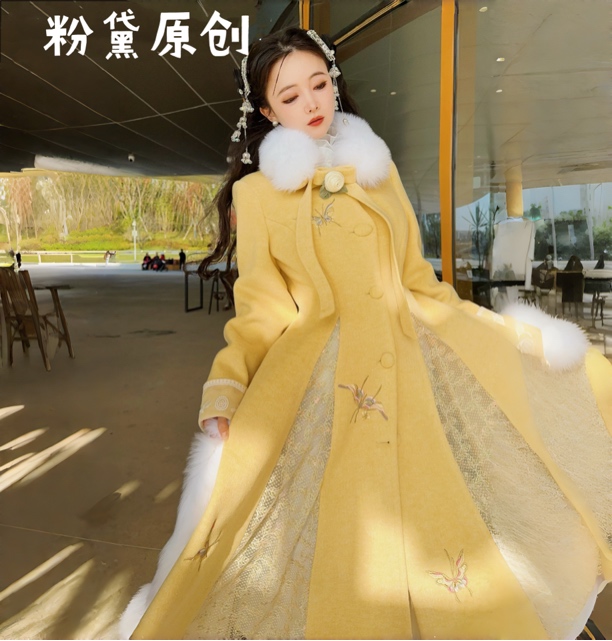 【粉黛原创 禧安】重工奢华收腰加厚修身保暖法式刺绣狐狸毛大衣