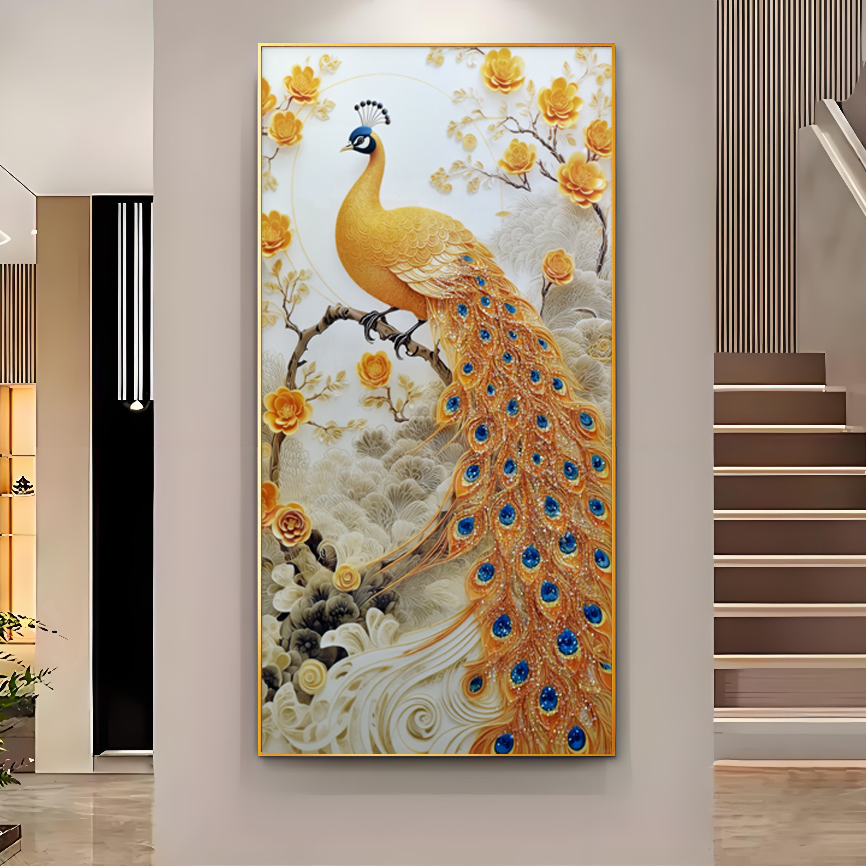 现代轻奢风孔雀竖版玄关晶瓷镶钻入户走廊背景墙挂画孔雀80160