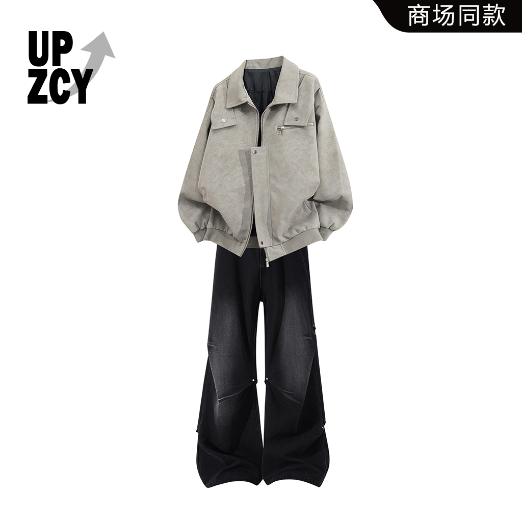 UPZCY美式高街潮流夹克休闲套装男2025秋冬新款做旧牛仔裤两件套