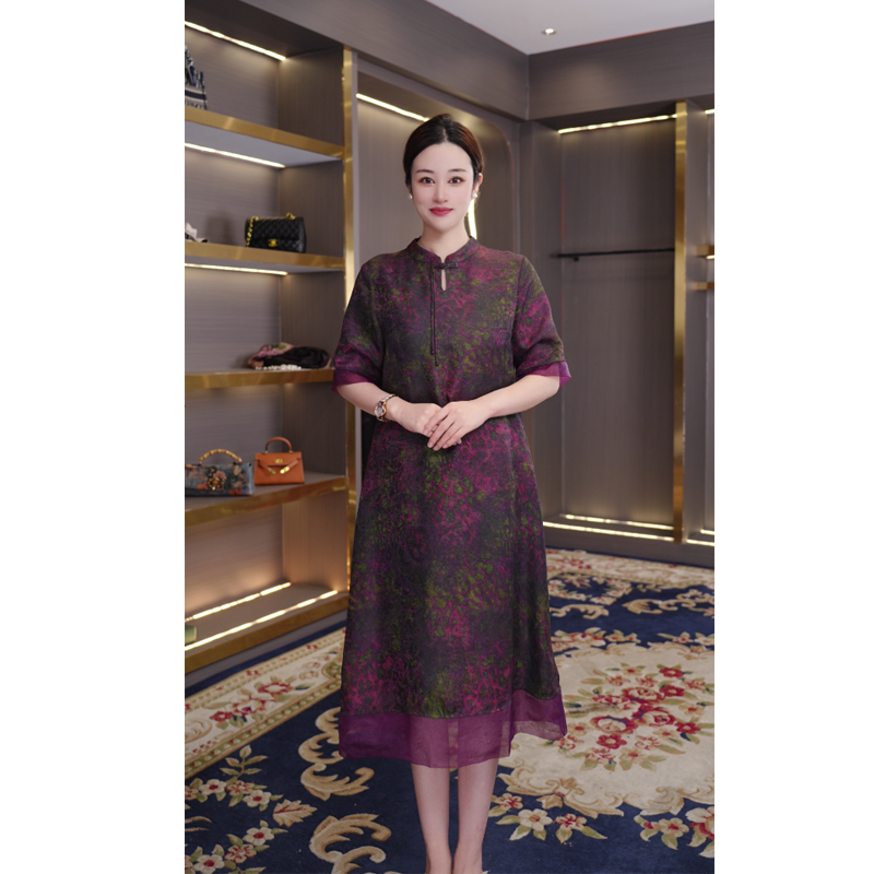 [梦云] 花萝琉璃扣气质妈妈装显瘦云纱连衣裙