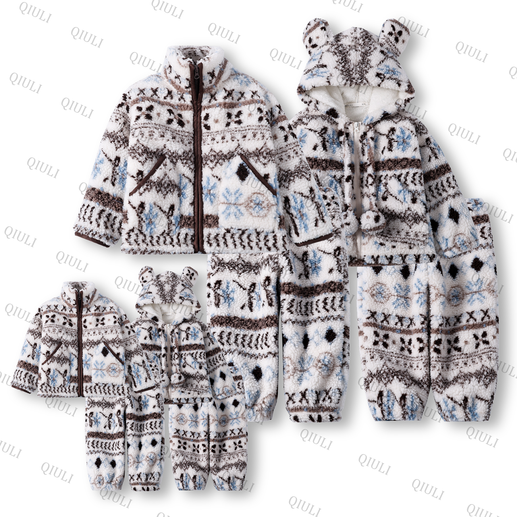 【QIULI】冬季3层夹棉“初雪费尔岛”加厚休闲保暖亲子家居服套装