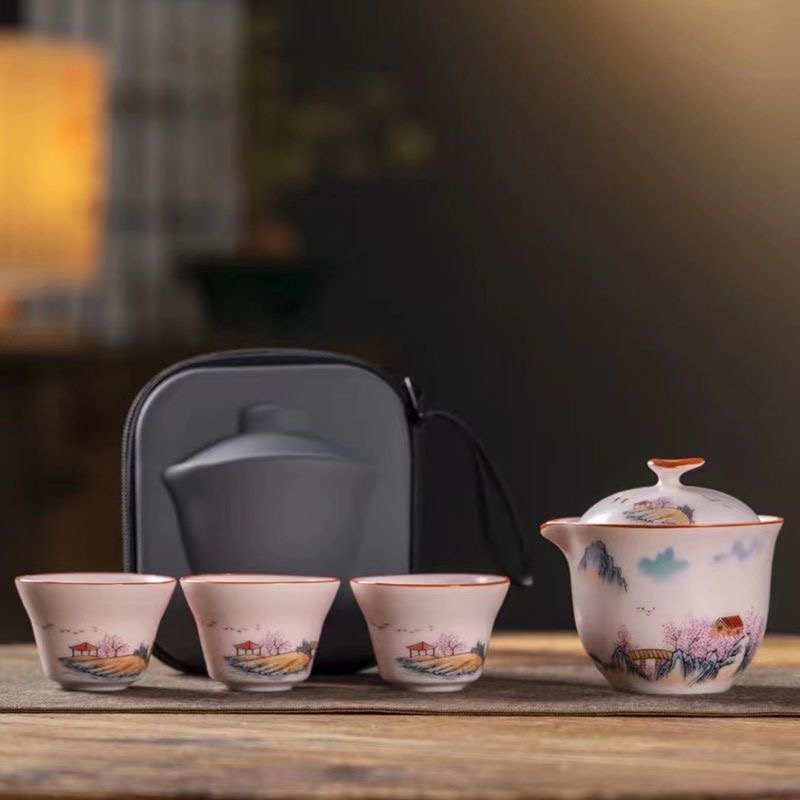 C080-汝窑山水人家旅行茶具一人饮茶壶茶杯简约便携式快客杯茶具