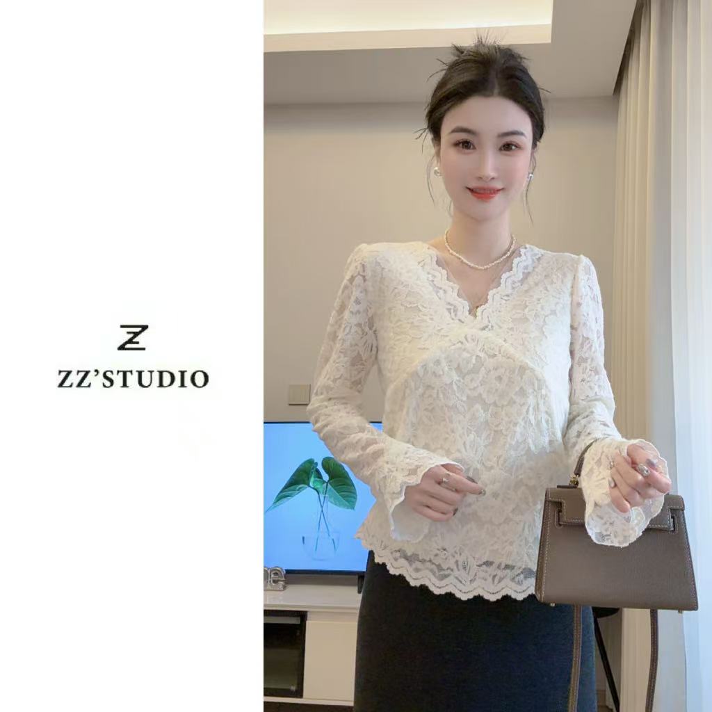 郑郑定制#冬季新款法式百搭宽松显瘦V领长袖重工蕾丝打底衫088